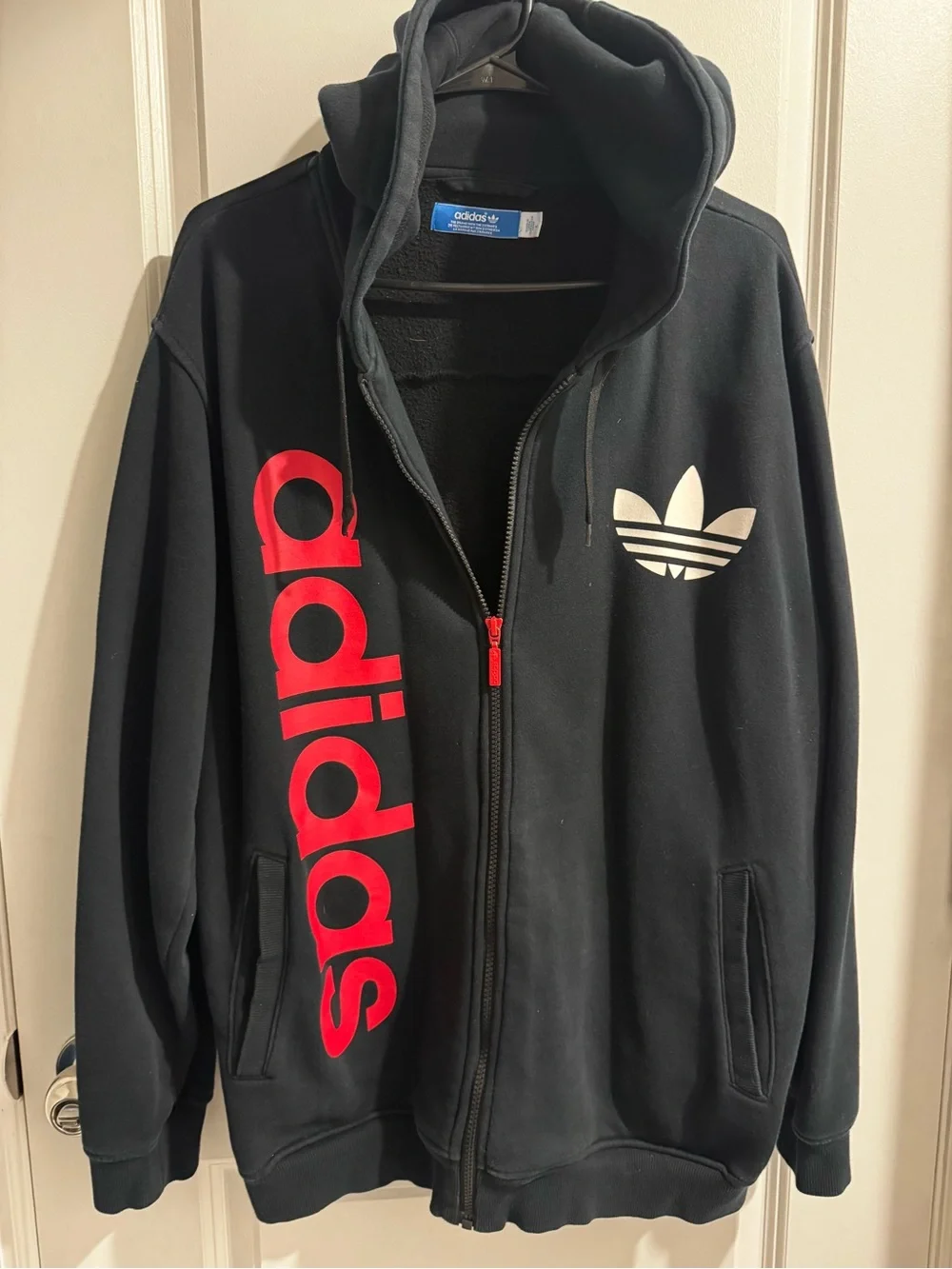 adidas Black Zip-Up Hoodie Jacket with Red Graphic